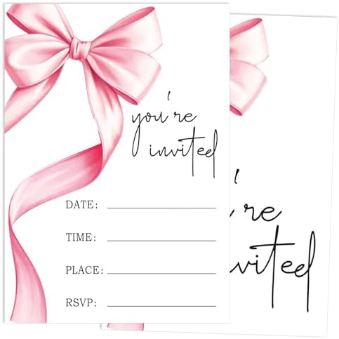 Pink Bow Birthday Party Invitations 20 Pack with Envelopes