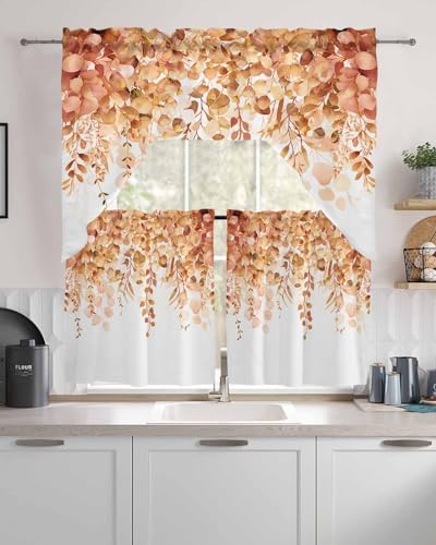 Orange Eucalyptus Leaf Curtain Set with Valance and Tiers
