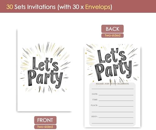 Simple Lets Party Birthday Invitations 30 Sets with Envelopes