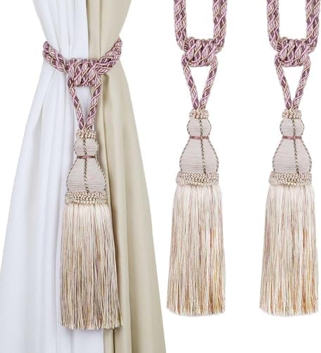 BEL AVENIR 2 Pack Tassel Curtain Holdbacks with Rope Pink Purple