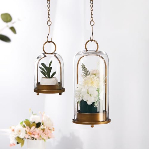 75 Inch High Modern Metal Hurricane Lantern with Brass Finish and Glass Dome