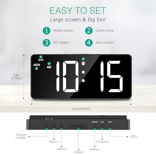 ORIA Digital Alarm Clock with Large Display and Adjustable Brightness