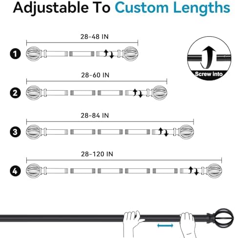 Black Curtain Rods 28-48 Inch Heavy Duty Metal Adjustable