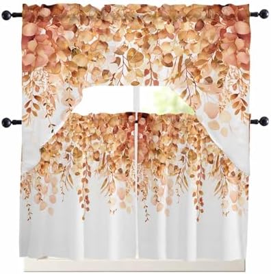 Orange Eucalyptus Leaf Curtain Set with Valance and Tiers