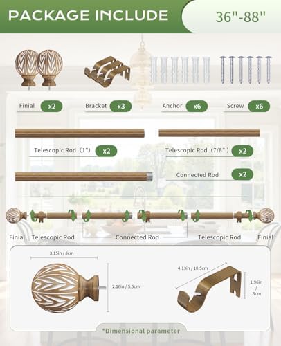 KVEEO Decorative Wood Grain Curtain Rods 36-88 Inch Adjustable