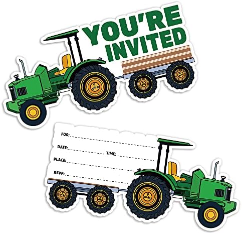 15 Sheet Green Tractor Party Invitation Set