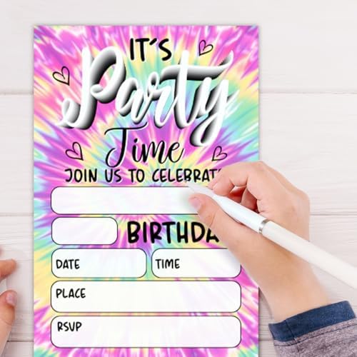 Rainbow Tie Dye Birthday Party Invitations Set
