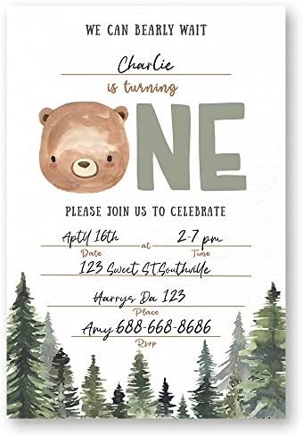 Woodland Bear First Birthday Invitation Set 024