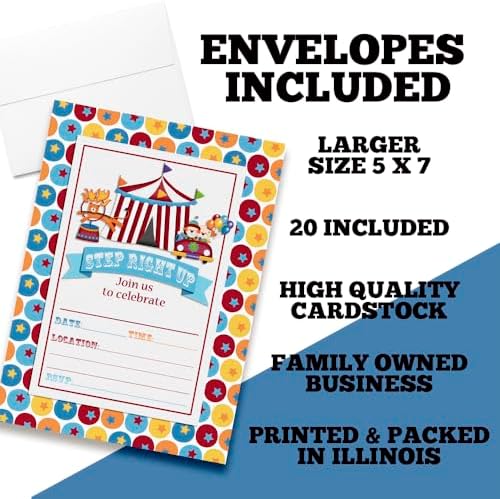 Carnival Circus Invitations 5x7 Fill-In Cards with 20 Envelopes