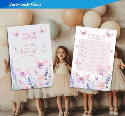 Butterfly First Birthday Invitations for Girls 4x6 30 Sets with Envelopes