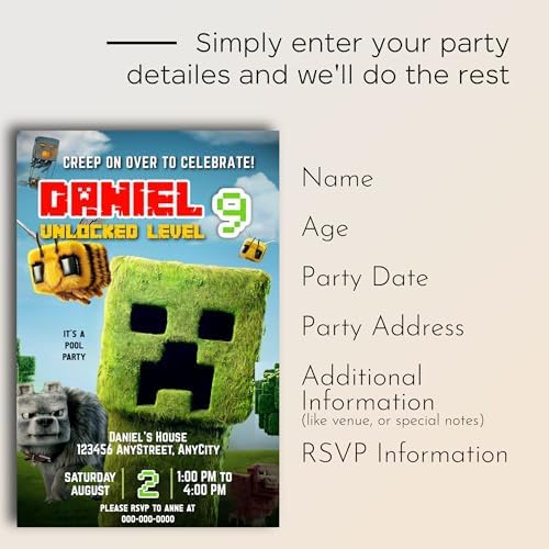 Personalized 12 Party Invites With 12 Envelopes Gaming Theme Birthday Invitations