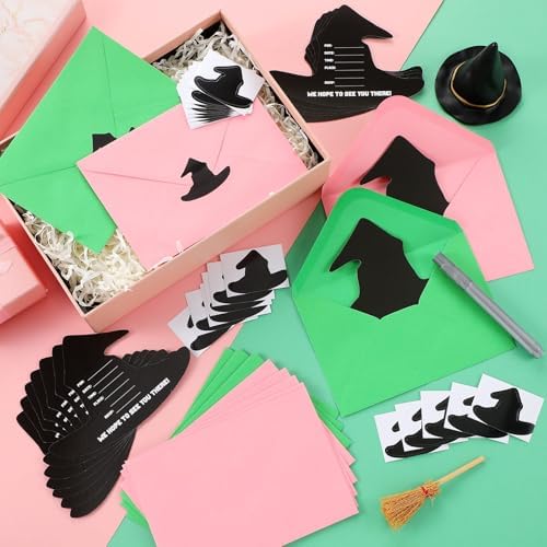 24 Set Witch Party Pink Green Invitations with Envelopes and Stickers
