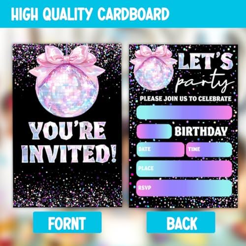 Glitter Disco Birthday Party Invitations with Pink Bow Design