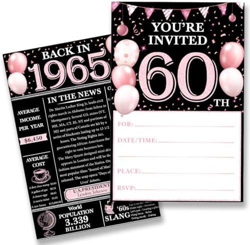 60th Birthday Invites Set - Pink Retro 1965 Design for Women and Men