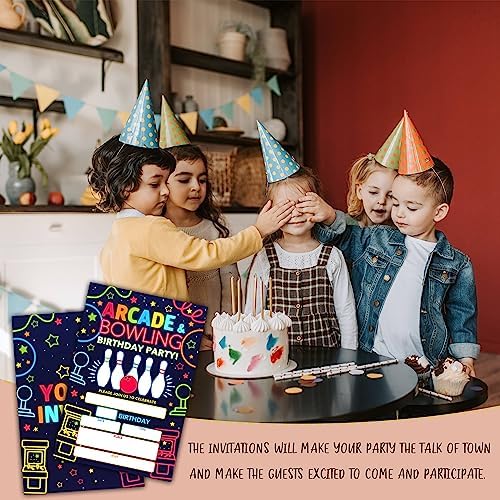 KFNER Neon Glow Arcade Bowling Birthday Invitations Set of 20