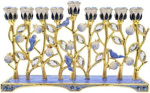 The Dreidel Company Hanukkah Menorah with Pomegranate and Blue Bird Design