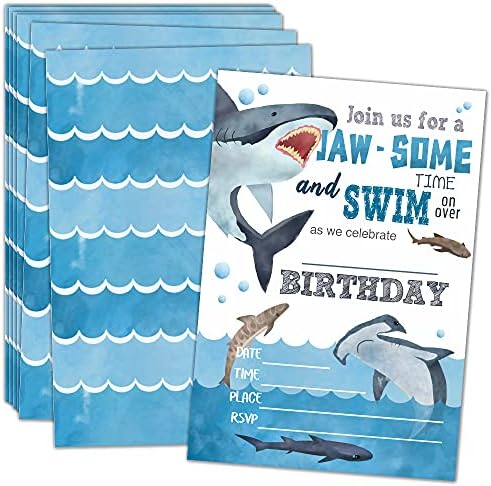 Ukebobo Shark Birthday Invitations with Envelopes 20 Cards Set