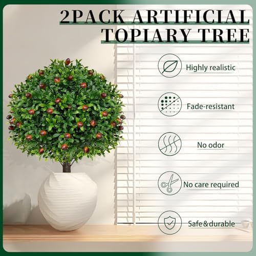 Artificial Olive Boxwood Topiary Ball Trees 2 Set 16 Inch UV Resistant