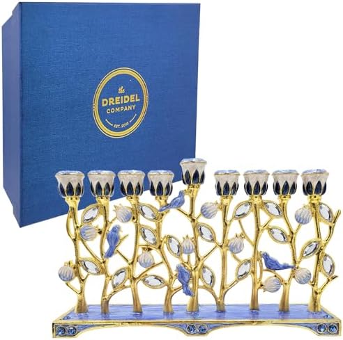 The Dreidel Company Hanukkah Menorah with Pomegranate and Blue Bird Design