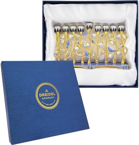 The Dreidel Company Hanukkah Menorah with Pomegranate and Blue Bird Design