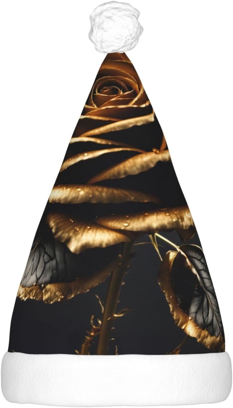 Black And Gold Flowers Print Christmas Hat with LED Lights