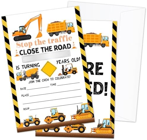 Construction Birthday Invitations with Envelopes 20 Set