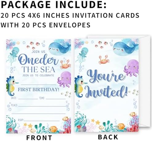 Under the Sea Birthday Invites 20 Pack with Envelopes
