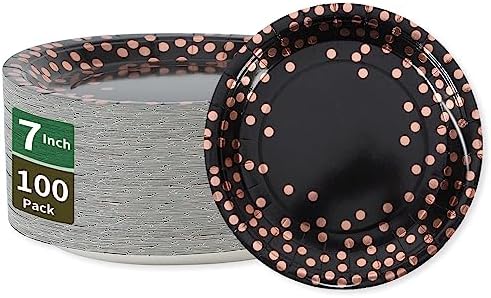 Black and Rose Gold Paper Plates 100 Pack 7 Inch