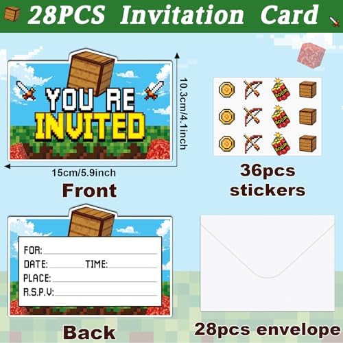 28 Piece Pixel Birthday Invite Set with Envelopes and Stickers