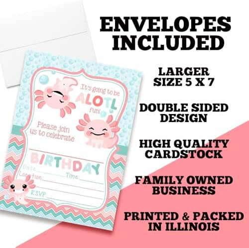 Amanda Creation Axolotl Birthday Invites 8 Pack 5x7
