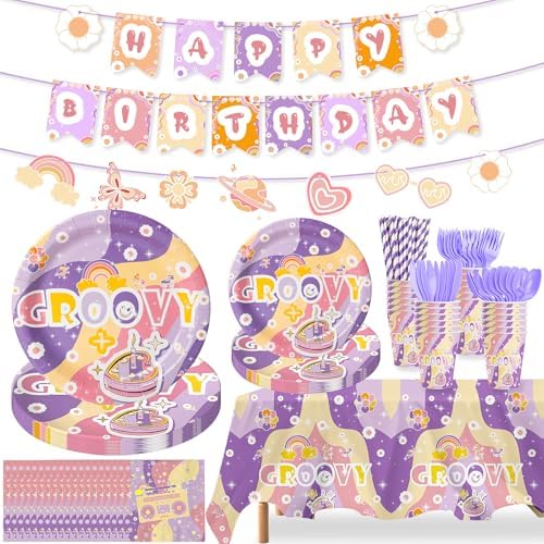 202 Pcs Groovy Party Decorations with Plates Napkins Tablecloth Banner