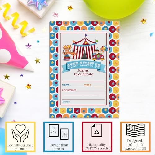 Carnival Circus Invitations 5x7 Fill-In Cards with 20 Envelopes