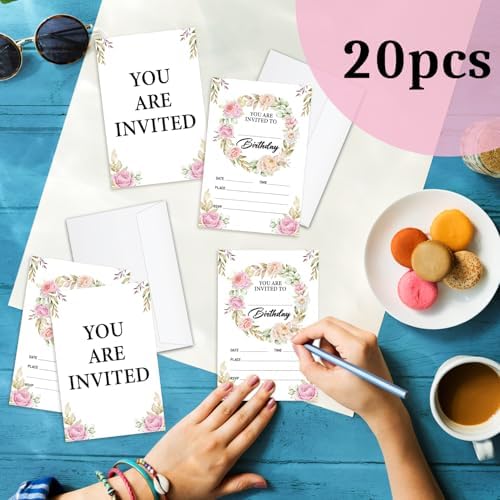 Pink Floral Birthday Party Invitations 20 Pcs with Envelopes