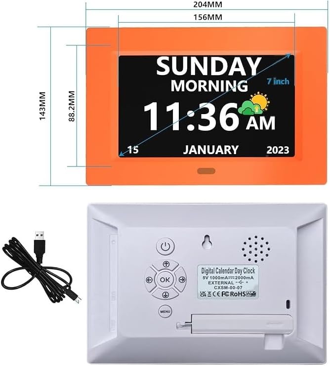 7 Inch Digital Clock with Day Date and Alarms for Seniors