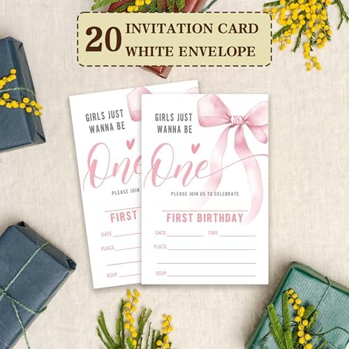 Pink Bow Birthday Invitation Cards with Envelopes
