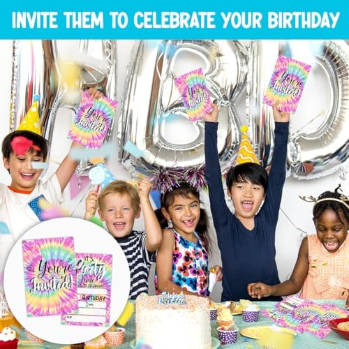 Rainbow Tie Dye Birthday Party Invitations Set