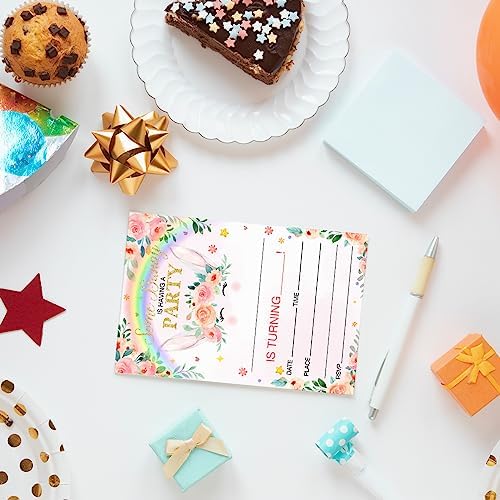 EUDOSI Rainbow Bunny Birthday Invitations Set of 20 with Envelopes
