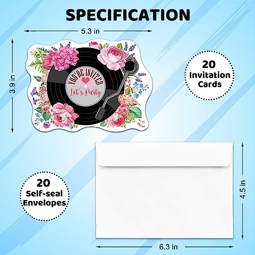 ERHACHAIJIA 20PCS Pink Flowers Vinyl Records Party Invites