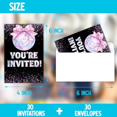 Glitter Disco Birthday Party Invitations with Pink Bow Design