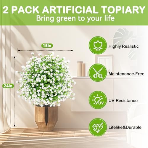 2 Pack Artificial Boxwood Topiary Trees with UV Resistant Ground Spikes