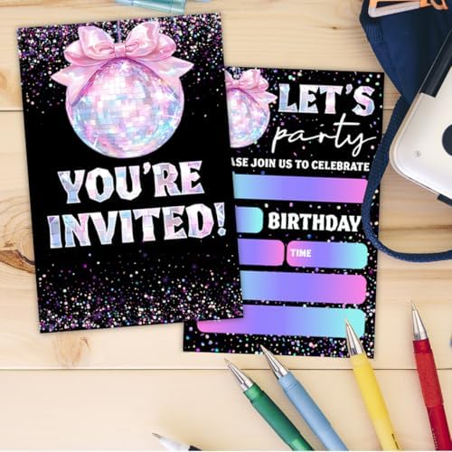 Glitter Disco Birthday Party Invitations with Pink Bow Design