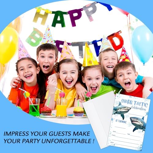 20 Shark Birthday Invitations with Envelopes
