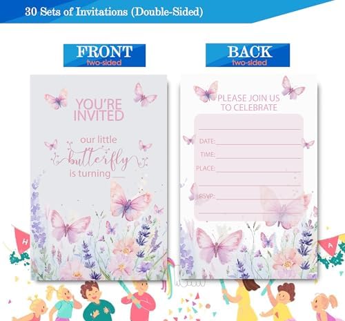 Butterfly First Birthday Invitations for Girls 4x6 30 Sets with Envelopes
