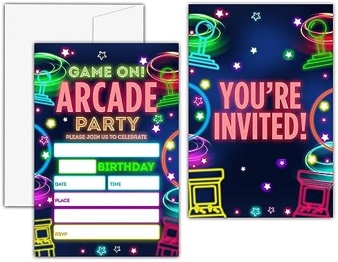 Video Game Birthday Invitations Neon Glow 20 Set