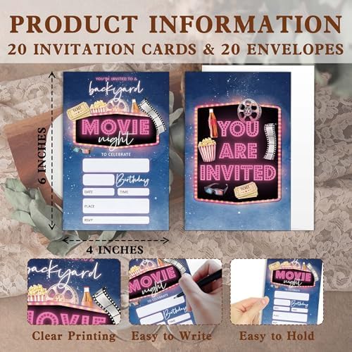 Movie Night Birthday Invitations 20 PCS with Envelopes