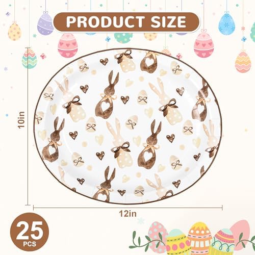25 Pcs Easter Bunny Oval Paper Plates 10x12 Inch
