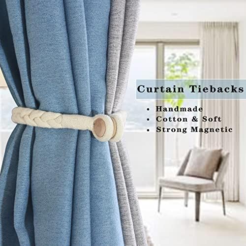 Porlau 2 Pack Beige Magnetic Curtain Tiebacks with Wooden Buckle