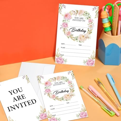 Pink Floral Birthday Party Invitations 20 Pcs with Envelopes