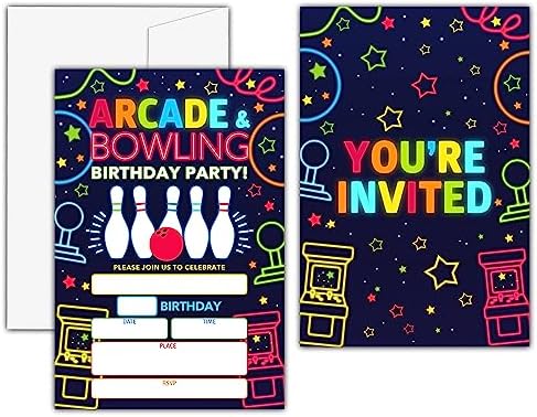 KFNER Neon Glow Arcade Bowling Birthday Invitations Set of 20