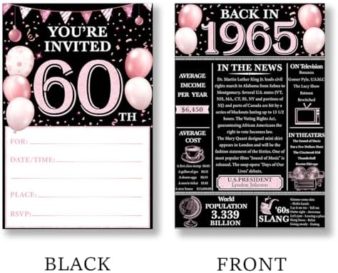60th Birthday Invites Set - Pink Retro 1965 Design for Women and Men